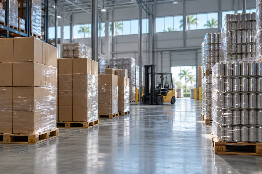 Almacén con palés de cajas y latas
