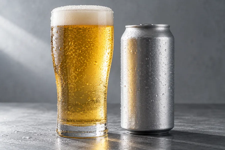 Vaso de cerveza lager junto a una lata