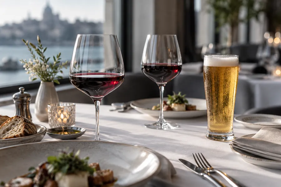 Mesa de restaurante con vino tinto y cerveza lager