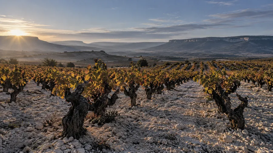 Cepas viejas sobre suelo calizo al amanecer